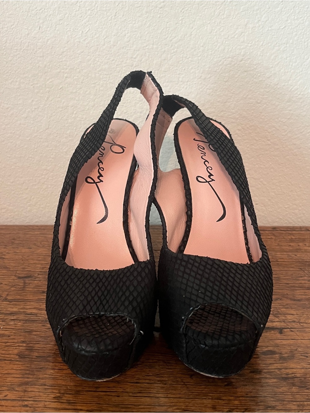 Pencey Black Textured Peep-Toe Slingback Heels